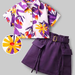 OLLINGTON ST. Poplin Woven Floral Printed Half Sleeves Top & Cotton Twill Skirt with Belt - Multicolor & Purple-image-37