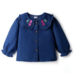 Babyhug Denim Woven Full Sleeves Washed Peter Pan Collar Top with Embroidery - Navy Blue-picture-14