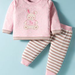 ToffyHouse Cotton Knit Full Sleeves Winter Wear Suit Set With Teddy Print & Stripes - Pink & White-picture-46
