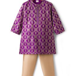 Babyhug Brocade Full Sleeves Kurta Pajama Set with Floral Embroidery - Purple-picture-26