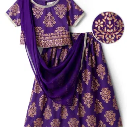 EARTHY TOUCH Single Jersey Knit Half Sleeves Choli Lehenga Set with Dupatta & Floral Glitter Print - Purple-picture-15
