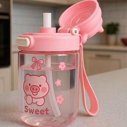 GUCHIGU Kids Pink Printed Leak-Proof Sipper Water Bottle With Straw 450ml-48