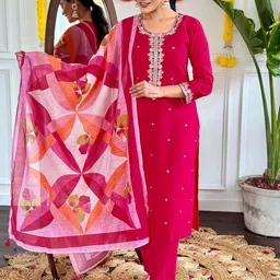 Moda Rapido Floral Embroidered Round Neck Chanderi Cotton Kurta With Trousers & Dupatta-37