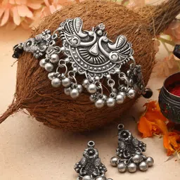 Moedbuille Silver-Plated Oxidised Ghungroo-Studded Peacock Jewellery Set-image-79