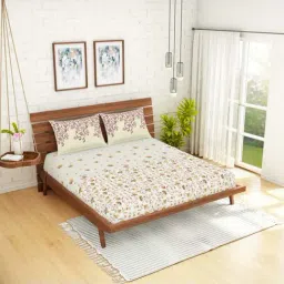 Spaces Atrium Beige & Purple Cotton 144 TC Bed Sheets Set-image-62