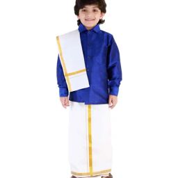 VASTRAMAY Kids Blue & White Shirt Mundu Set-picture-11