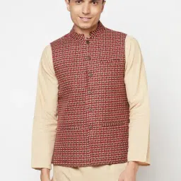 Fabindia Red Sleeveless Mandarin Collar Nehru Jacket-picture-30