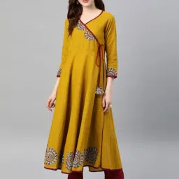 YASH GALLERY Mustard Cotton Printed Flared Kurta-image-20