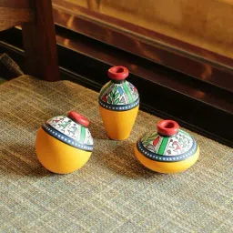 ExclusiveLane Terracotta Warli Handpainted Miniature Yellow Pots Showpieces (Set Of 3)-image-91