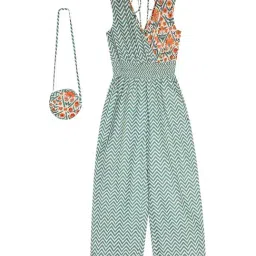 Budding Bees Kids Green & Orange Cotton Printed Jumpsuits with Handbag-image-60
