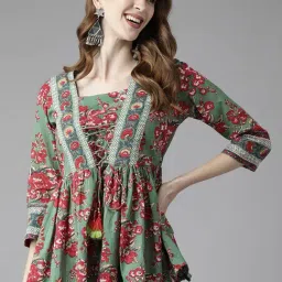 Rain and Rainbow Green Cotton Floral Print Tunic-image-95