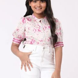AND girl Kids Cream & Pink Floral Print Top-image-82