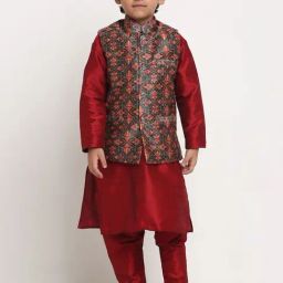 Benstoke Kids Maroon & Green Printed Full Sleeves Kurta Set-image-66