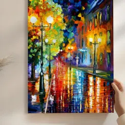 Art Street Canvas Beautiful Rainy Street Theme Stretched Painting-picture-36
