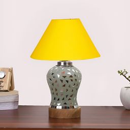 Devansh Yellow Textured Frustum Shaped Wooden Table Lamp & Mosaic Glass-28