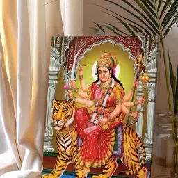Art Street Yellow Canvas Spiritual Maa Durga Stretched Pooja Room Temple Painting-picture-15