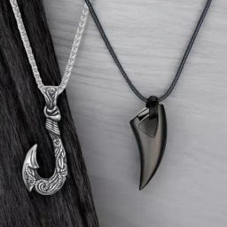 OOMPH Combo of 2 Black & Silver Pendant Necklace Hook & Animal Tooth Design For Men-5
