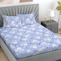 Myntra Elegant Homes Blue & White Floral 300 TC King Bedsheet with 2 Pillow Covers-image-29