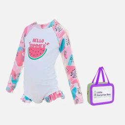 Little Surprise Box Kids Pink & White Watermelon Printed Full Sleeves Swimsuit-image-11