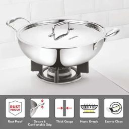 Borosil Silver Stainless Steel Tri-Ply Kadhai with Handle - 2.1 L image 3