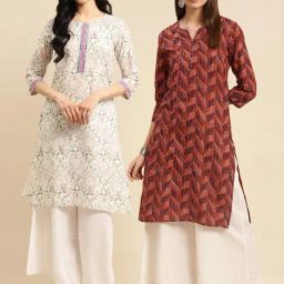 Rangita Off-White & Brown Cotton Floral Print Straight Kurta - Pack OF 2-image-34
