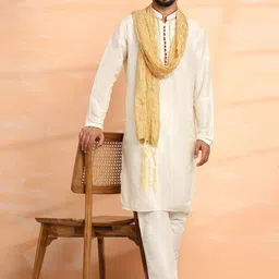 SKAVIJ Men Ethnic Motifs Embroidered Regular Thread Work Dupion Silk Kurta with Churidar & With Dupatta-picture-2