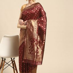 Leeza Store Maroon & Gold-Toned Ethnic Motifs Zari Banarasi Saree-image-73