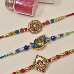 MEIRA JEWELLERY Set Of 3 Artificial Beaded Thread Rakhis With Roli Chawal-image-6