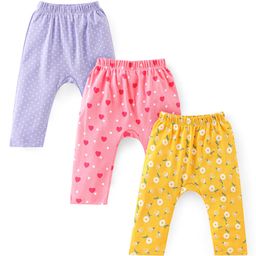 Babyhug Cotton Full Length Diaper Pants Dotted & Floral Print Pack Of 3 - Pink Purple & Yellow-image-9