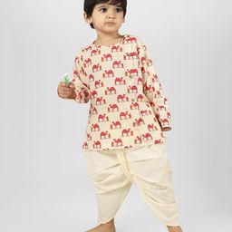 Polka Tots Full Sleeves Camel Printed Kurta With Dhoti - Cream-image-7