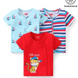 Babyhug 100% Cotton Antibacterial Sleeveless Front Open Vest Stripes & Bear Pack of 3 - Blue & Red-image-19