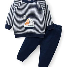 Babyhug Knit Full Sleeves Striped Sweater Set with Boat Design - Navy Blue-picture-28