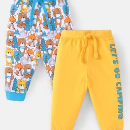 Babyhug Cotton Knit Full Length Lounge Pants WithBear Print Pack Of 2 - Light Blue & Yellow-image-9