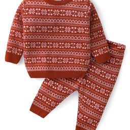 Babyhug Knitted Full Sleeves Intarsia Designed Pullover Sweater Set - Red-image-80