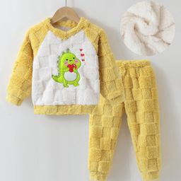 Kookie Kids Raglan Sleeves Winter Wear Suit With Dino Applique - Yellow & White-image-68