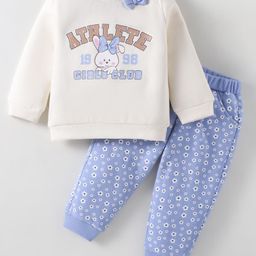 ToffyHouse Fleece Knit Full Sleeves Winter Wear Top & Lounge Pant Set With Floral & Animal Print - Off White & Blue-image-41