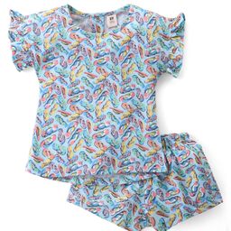 ToffyHouse 100% Cotton Knit Frill Sleeves Top & Shorts Printed Co-Ord Set - Blue-picture-39