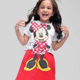 Babyhug Disney Cotton Knit Half Sleeves Top & Skirt Set With Mickey Mouse Graphics & Badge Detailing - Red & White-image-93