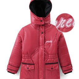 Pine Kids Woven Full Sleeves Padded Hooded Jacket with Quilted Design & Text Patch Detailing - Red-image-15