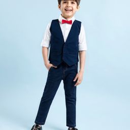 Babyhug Woven Full Sleeves 3 Piece Solid Colour Party Suit With Bow - Navy Blue & White-image-97