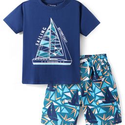 Pine Kids Single Jersey Half Sleeves Shorts Night Suit with Ship Print - Navy Blue-image-98