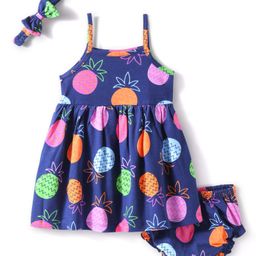 Babyhug Cotton Knit Singlet Sleeves Tropical Theme Frock with Bloomer & Head Band -Navy Blue-image-66