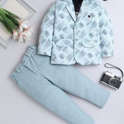 Fourfolds Cotton One Level Text Printed Tee & Trousers With Full Sleeves Blazer Set - Light Blue-image-73