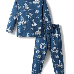 Babyhug Cotton Knit Full Sleeves Co-ords Night Suit with Nautical Theme Print - Navy Blue-image-82