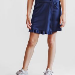 Honeyhap Premium 100% Cotton Knit Above Knee Length Solid Color Skort with Frill Detailing - Navy Peony-image-43