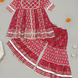 Little Ginnie Cotton Half Sleeves Floral Printed & Gota Lace Embellished Kurta With Coordinating Sharara Set - Red-image-47
