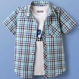 Pine Kids Cotton Woven Half Sleeves Checks Shirt With Sleeveless Text Printed T-Shirt - Light Blue White & Navy Blue-image-92