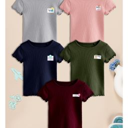 3PIN Cotton Pack Of 5 Half Sleeves Floral & Typography Printed Tees - Multi Colour-image-63