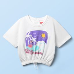 Babyhug Cotton Knit Half Drop Shoulder Sleeves T-Shirt With Beach Print - White-picture-27