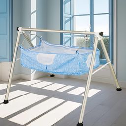 TinyTyke-Manual Baby Cradle Round Pipe - Semi Foldable | Square Hammock with Mattress | Blue-11